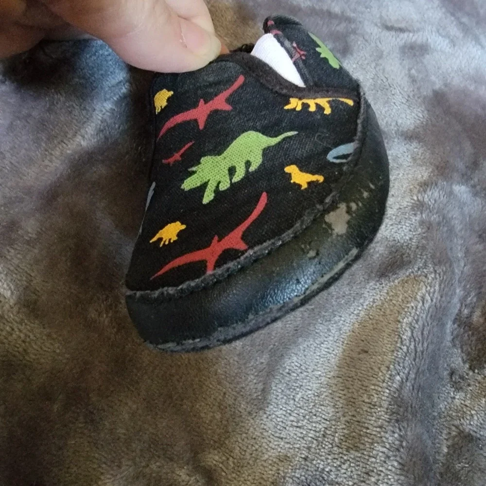 Dinosaur Slip On Crib Shoes Baby Size 3 Black Fair Condition Canvas Sneakers